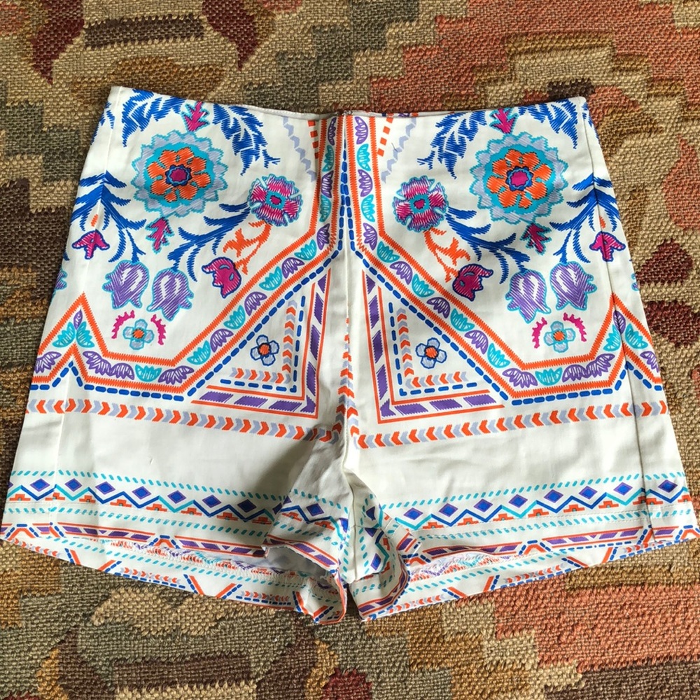 Cream and multicolored patterned high waist shorts